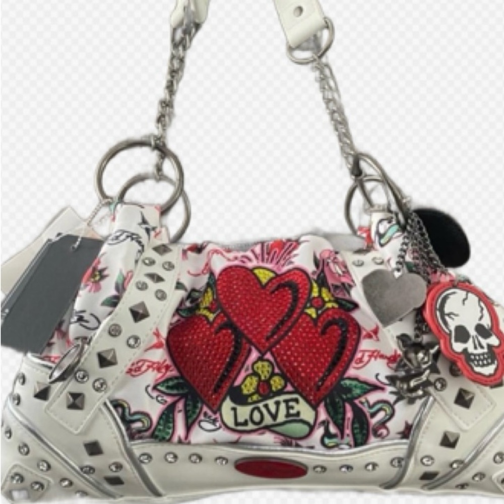 Ed Hardy Women's Love Tattoo Shoulder Bag - White, Red and Silver w/free charms